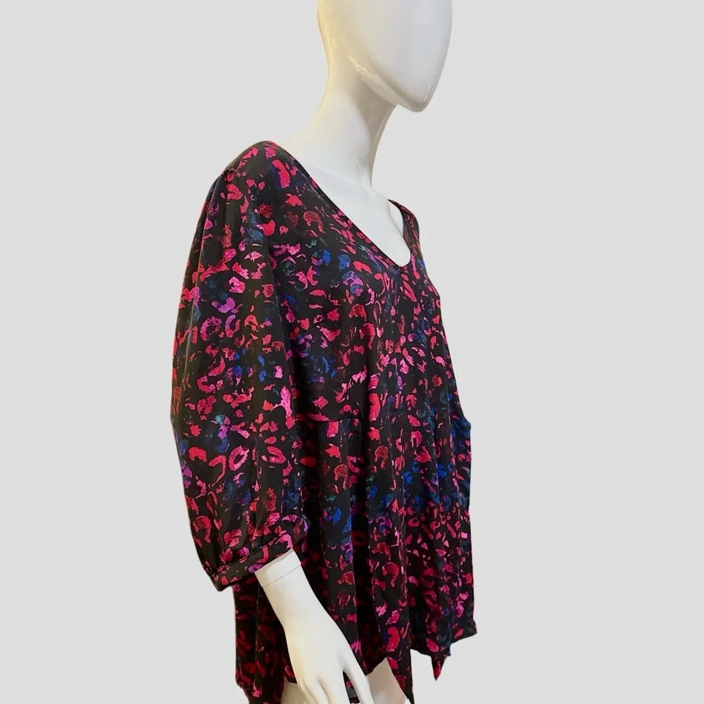 Torrid Peplum Georgette Tie Front Leopard Print  Blouse Plus Size 2X Black Pink - Picture 5 of 14